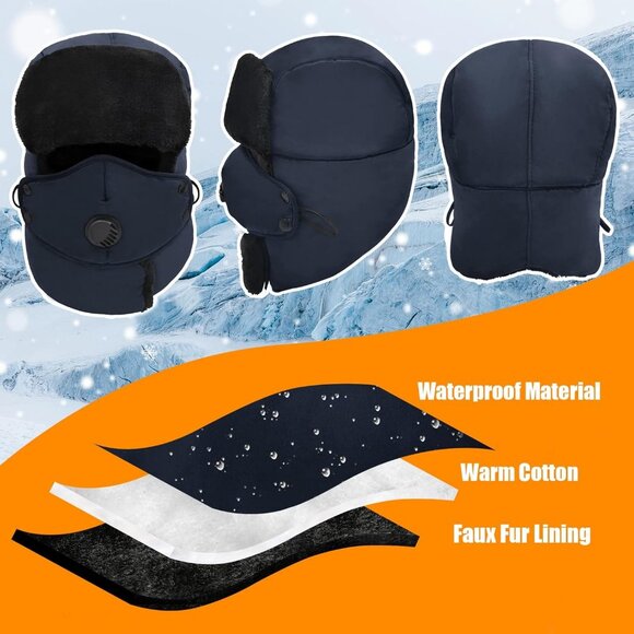 Unisex Blue Winter Trapper Hat Russian with Ear Flap Mask Aviator Cold Weather - Picture 4 of 6